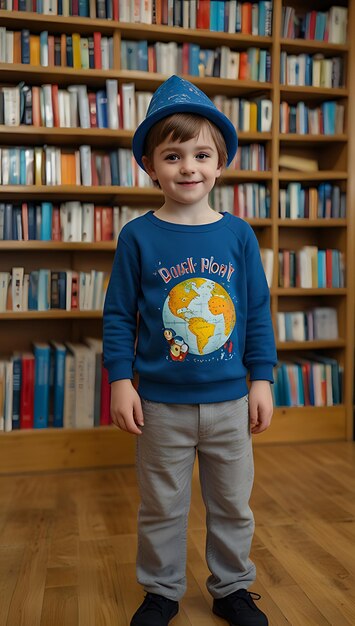 Photo a boy wearing a blue hat stands in front of a bookshelf with a globe on the top