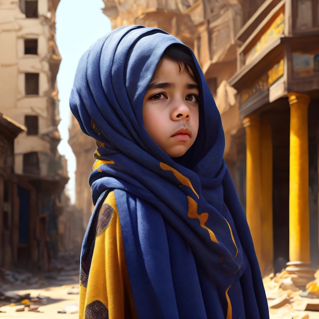 A boy wearing a blue scarf is standing in a street with debris on the ground.