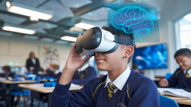 Photo a boy wearing a blue shirt and a blue shirt has a blue brain on his head