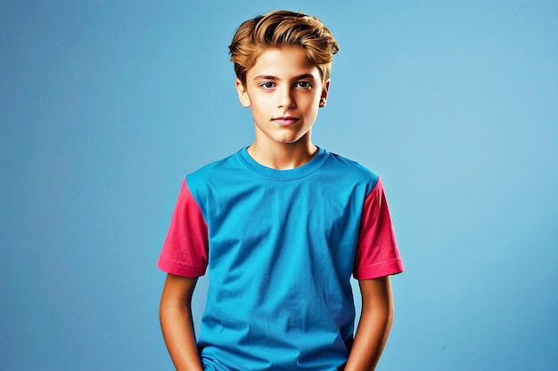 a boy wearing a blue shirt that says  he is wearing sunglasses