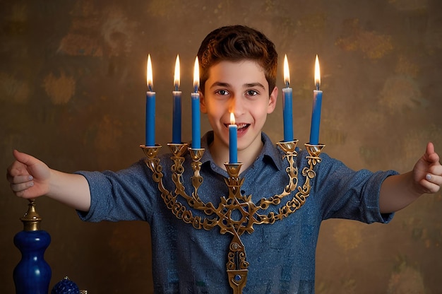 a boy wearing a blue shirt that says  i am a menorah