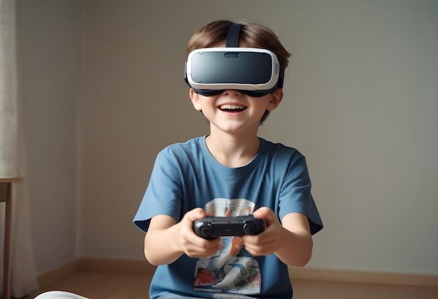 a boy wearing a blue shirt with a picture of a virtual reality glasses