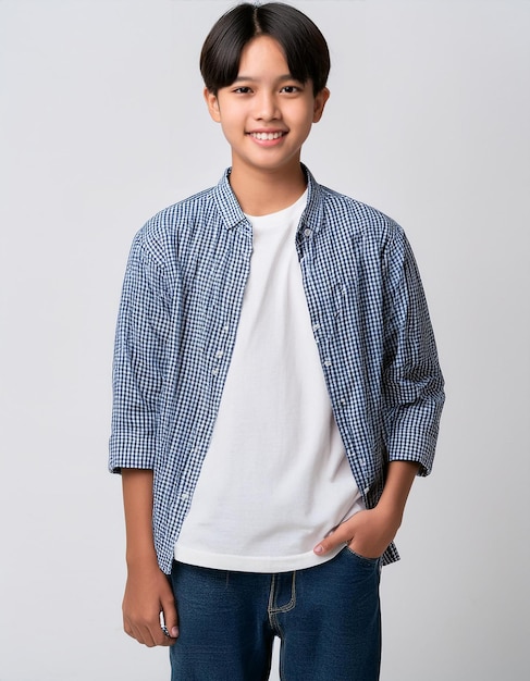 a boy wearing a blue and white shirt stands in front of a white background