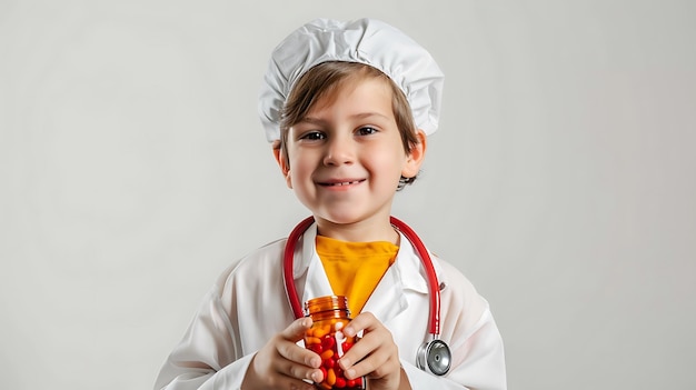 a boy wearing a chef hat holding a candy bar