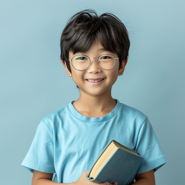 Photo a boy wearing glasses holding a book and wearing glasses