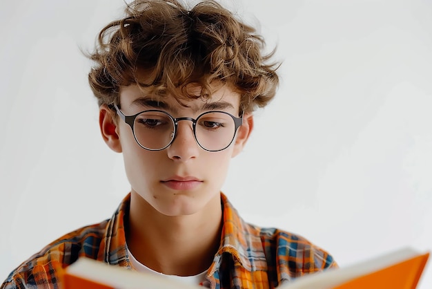 Photo a boy wearing glasses is reading a book