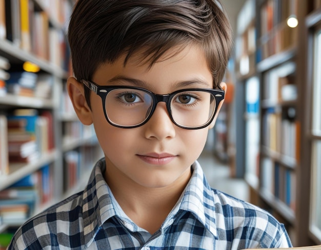 Photo a boy wearing glasses and a plaid shirt is standing in front of a bookshelf