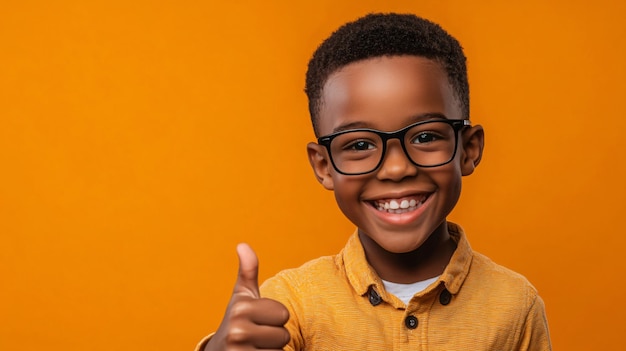 a boy wearing glasses and a shirt that says he is giving a thumbs up