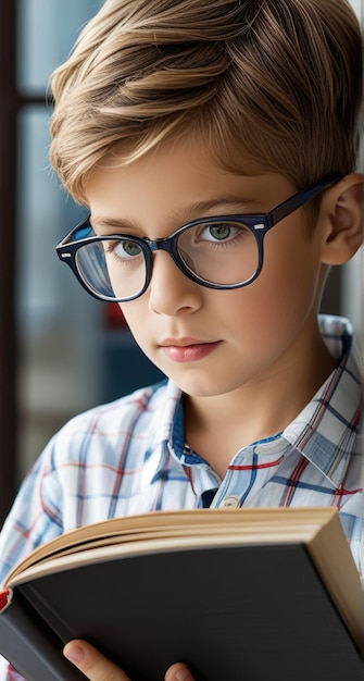 Photo a boy wearing glasses and a shirt with a book in his hands