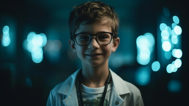 A boy wearing glasses stands in a dark room with a light blue background.