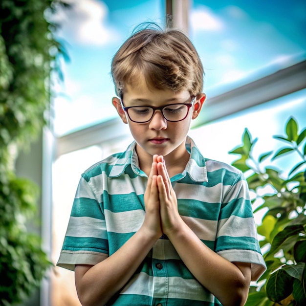 Photo a boy wearing glasses and a striped shirt is standing in front of a plant with a green plant in the