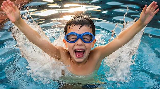 a boy wearing goggles is joyful in a swimming pool