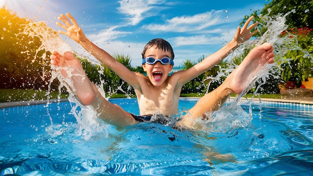 a boy wearing goggles is playing in a pool