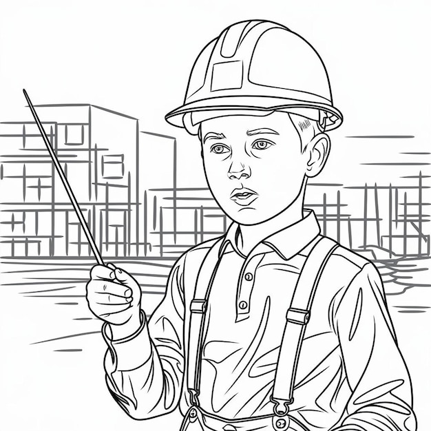 Photo a boy wearing a hard hat overalls with suspenders or braces holding a