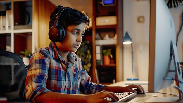 a boy wearing headphones is sitting at a computer