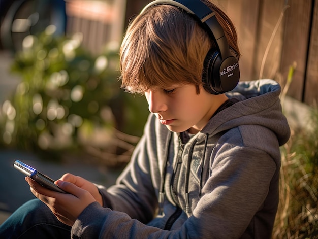 Photo a boy wearing headphones and a sweatshirt with a cell phone in the background