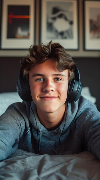 Photo a boy wearing headphones that say quot he is wearing a sweatshirt quot