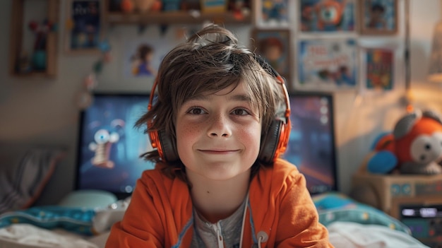 Photo a boy wearing headphones with a smile on his face gaming concept