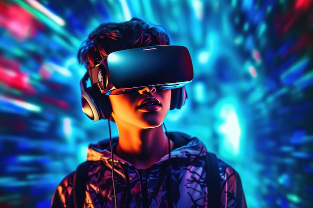 A boy wearing a headset stands in front of a colorful background with a neon light.