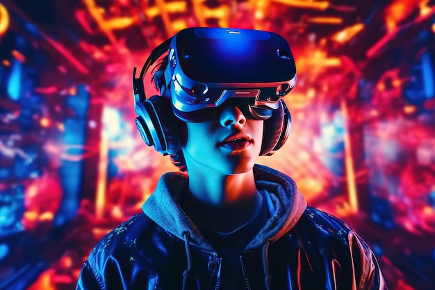 A boy wearing a headset stands in front of a colorful background with a neon light