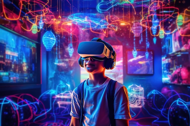 A boy wearing a headset stands in front of a colorful background with a neon light