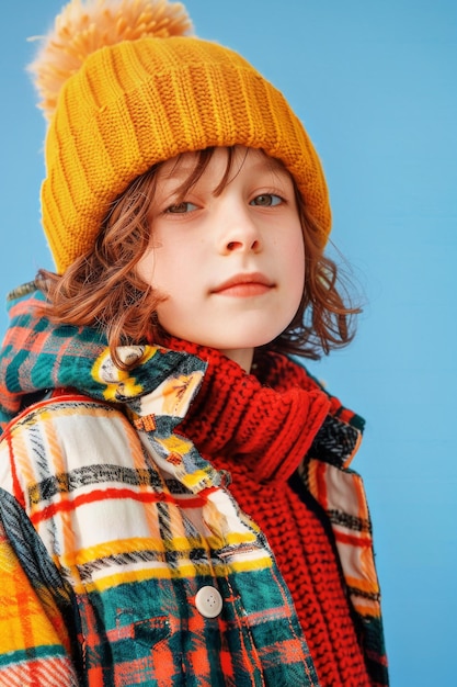 a boy wearing a knitted hat and scarf with a red and green scarf