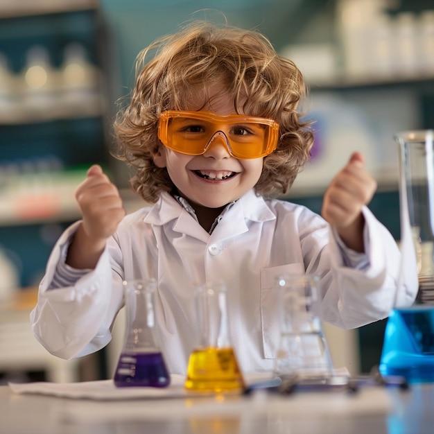 Photo a boy wearing a lab coat with orange glasses and a lab coat