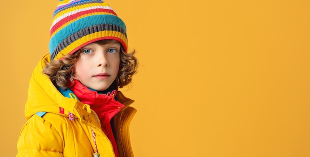 Photo a boy wearing a multicolored hat and a striped hat