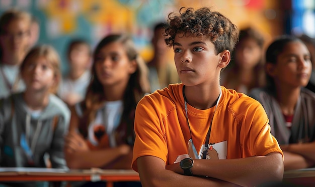 a boy wearing an orange shirt with the word quot w quot on it