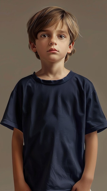 Boy Wearing Oversized Dark Blue Fashion TShirt with White Sleeve Details