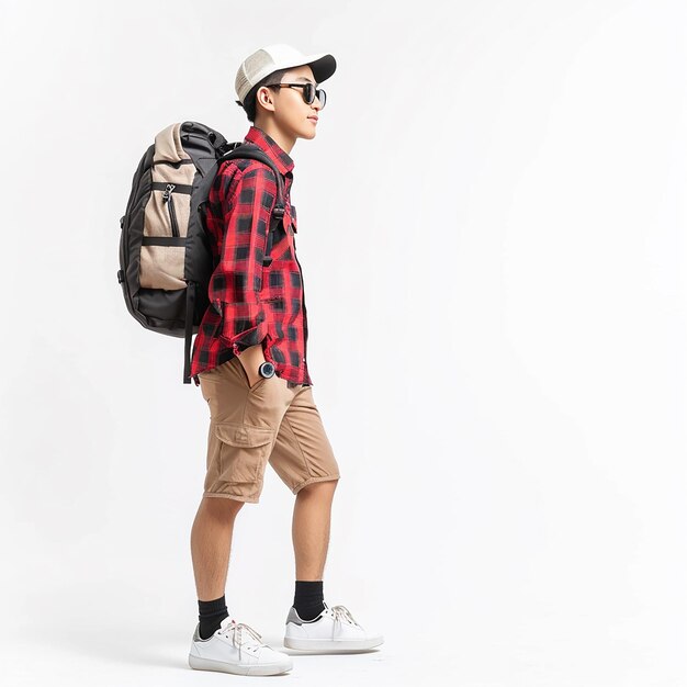 a boy wearing a red and black plaid shirt and khaki shorts with a backpack