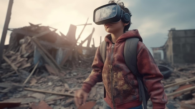 A boy wearing a red jacket and a red jacket with a large goggles that says'the word vr'on it