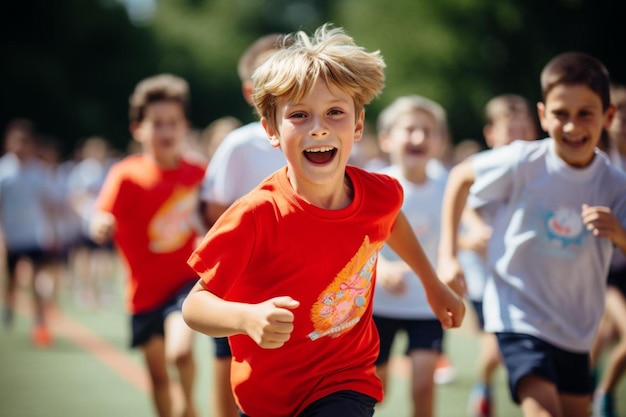 A boy wearing a red shirt with the word " on it. "