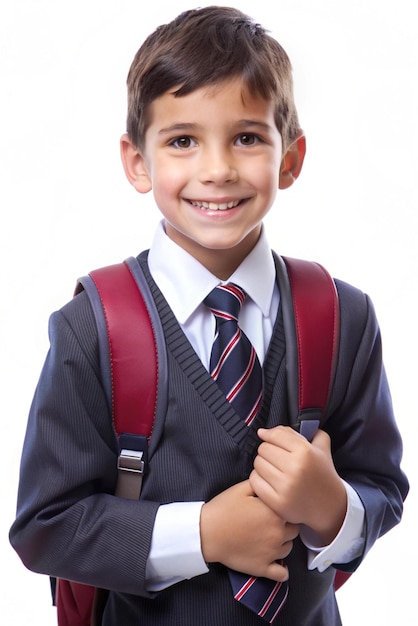 a boy wearing a school uniform with a red and black backpack