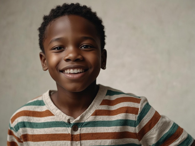 a boy wearing a striped shirt with the word on it