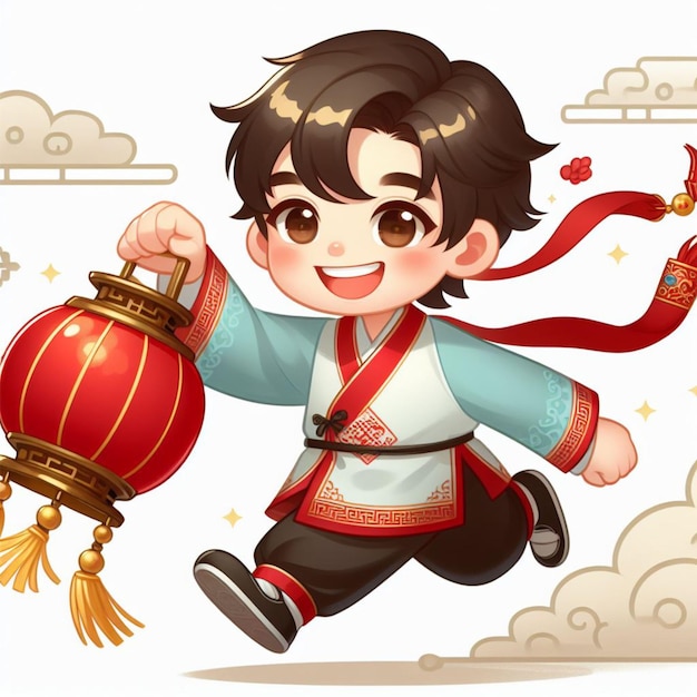 Boy wearing traditional Chinese clothes is running