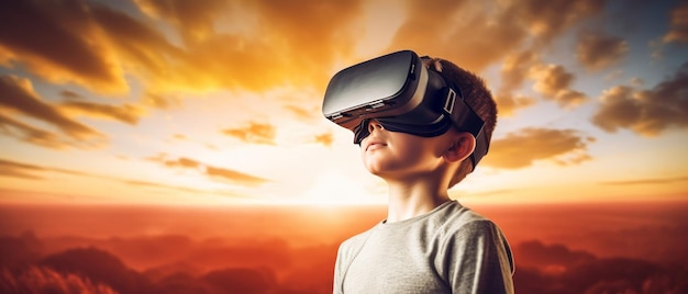 A boy wearing a virtual reality headset looks up at the sky