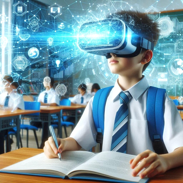 Photo a boy wearing a virtual virtual reality glasses sits at a desk