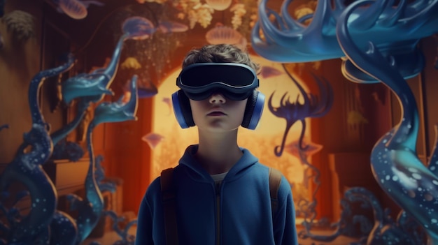 A boy wearing a vr headset stands in front of a background of antlers and a deer.