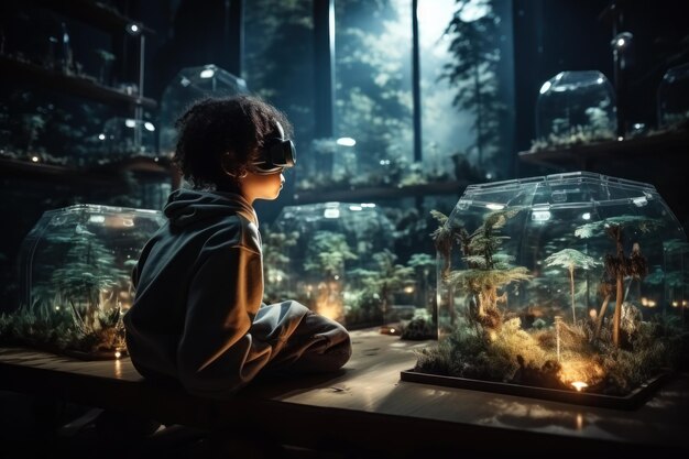 A boy wearing VR headset user surreal world and virtual reality natural ambient forest nature