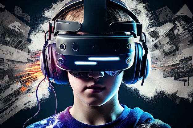 A boy wearing a vr headset with the word vr on the front.