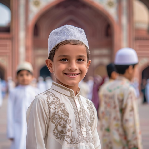 a boy wearing a white hat stands in front of a mosque with a man wearing a hat