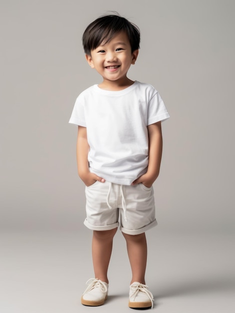 A boy wearing a white shirt and khaki shorts stands in a studio