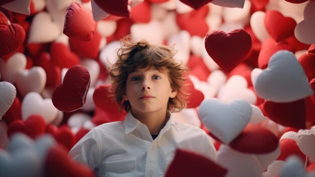 Photo a boy wearing a white shirt standing amidst a backdrop of red and white hearts suitable for valentine39s day or lovethemed projects