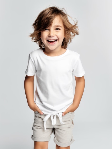 A boy wearing a white shirt that says'i'm a boy '