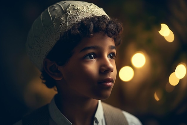 A boy in a white hat looks up at the night sky