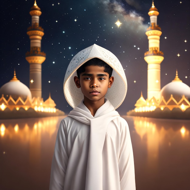 A boy in a white robe stands in front of a mosque with a star in the background.