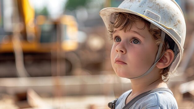 Boy in white safety hat at Construction Site