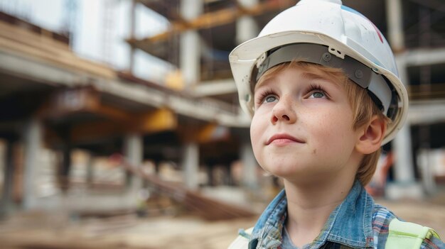 Boy in white safety hat at Construction Site