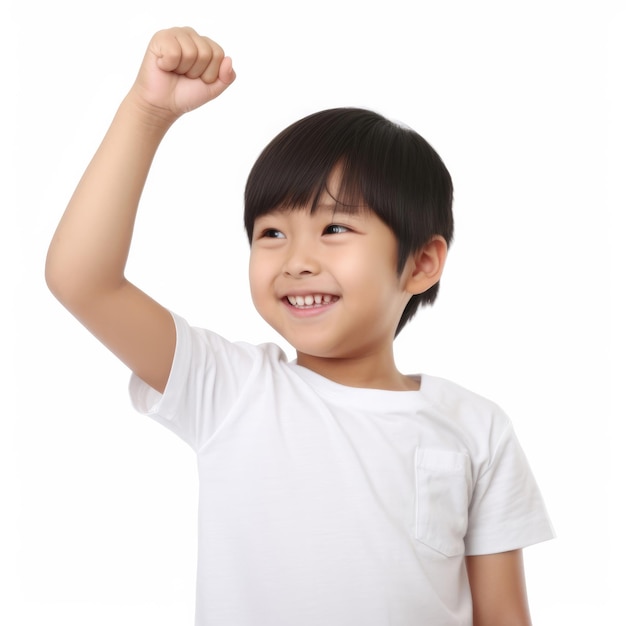 A boy in a white shirt is holding his fist up.